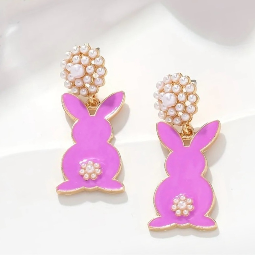 Easter Bunny Pearl Cluster Enamel Earrings in Purple